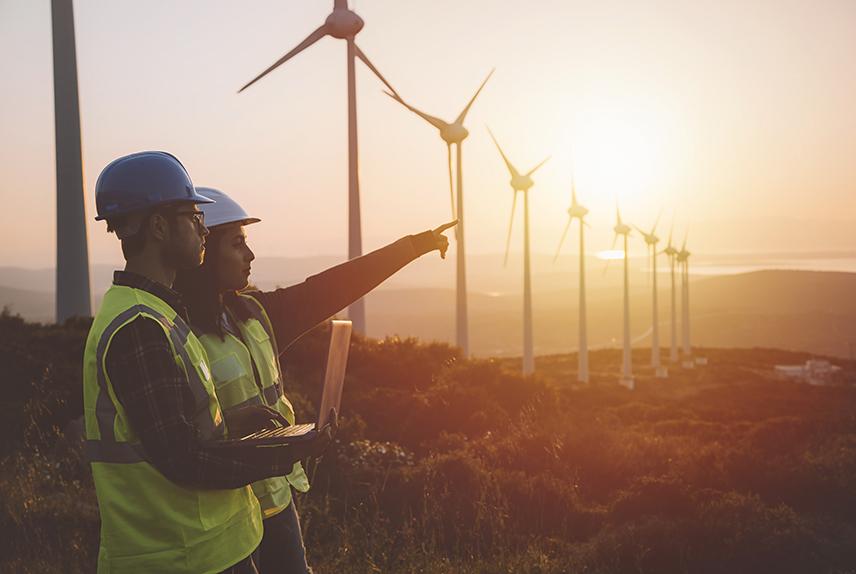 A male and female worker are standing in a field of windmills as the sun sets.